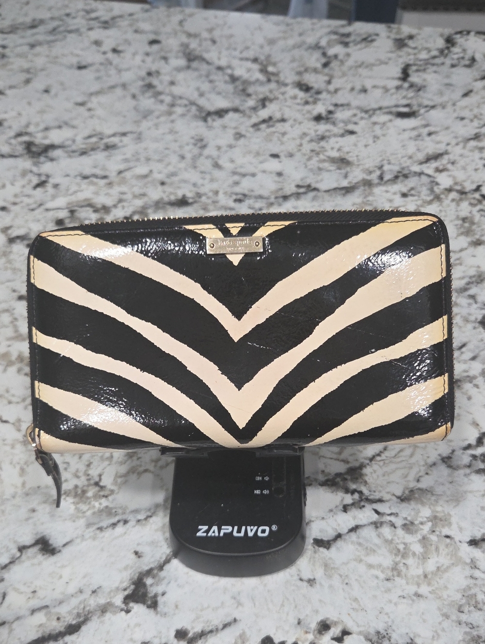 kate spade Black & Cream Zebra-Stripe Zip Wallet
